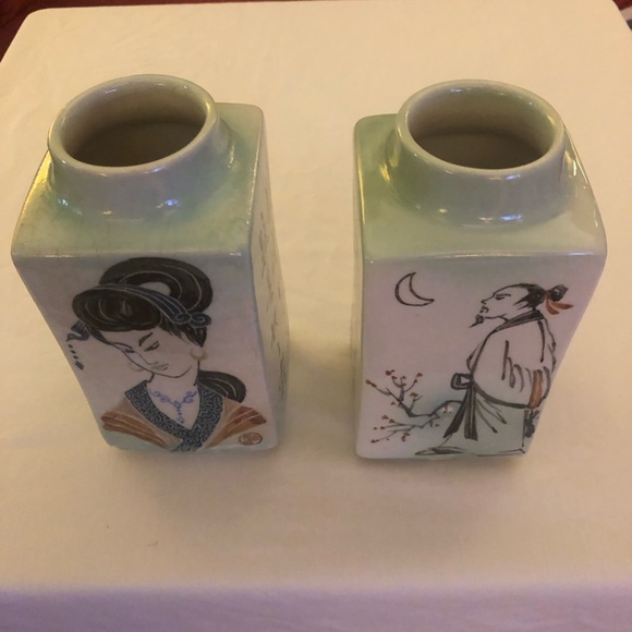 Pair of Decorative Ceramic Vases with Asian Design; Green and White - Picture 1 of 15